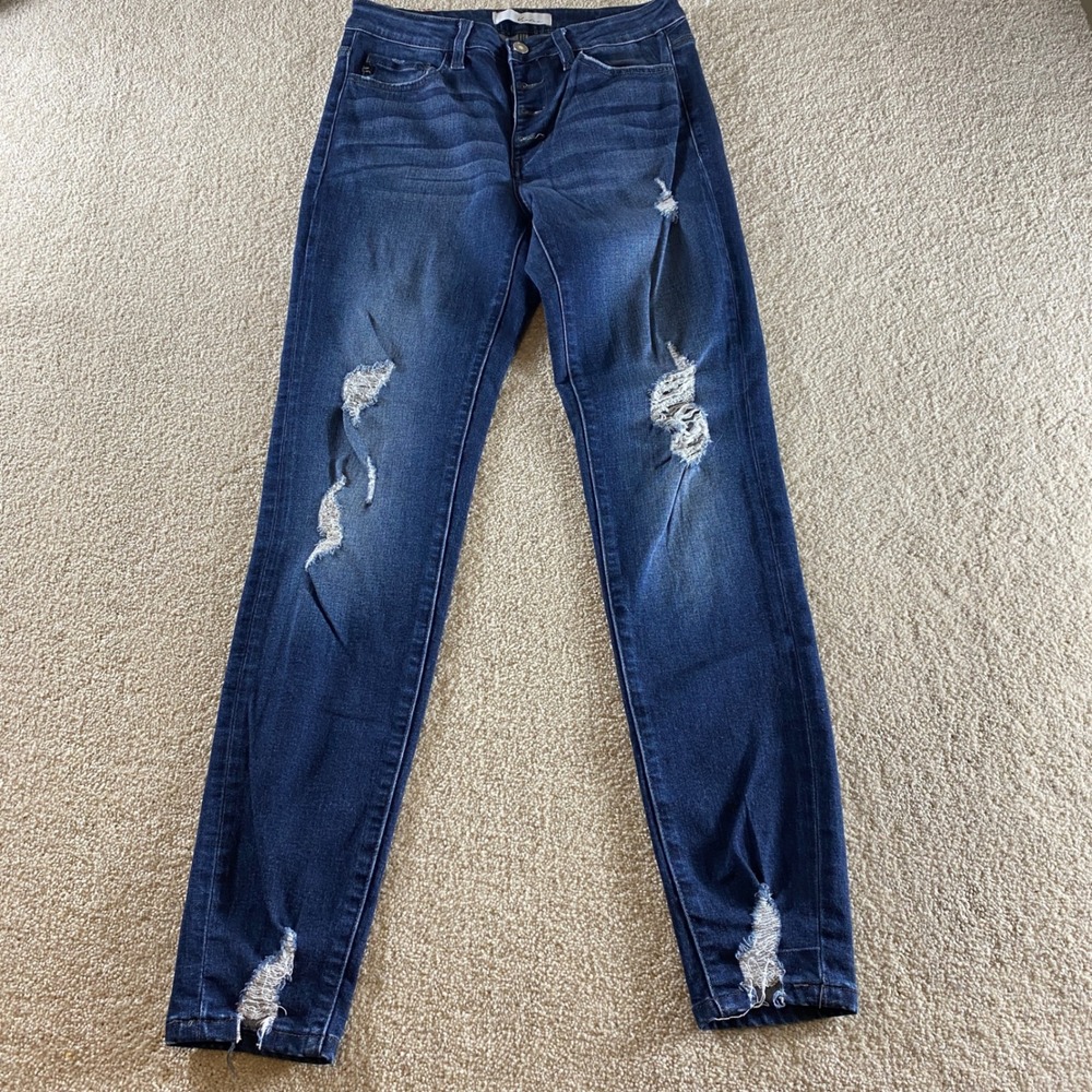 KanCan Skinny Jeans Womens 9/28 Dark Wash Excellent Distressed Button Fly - Picture 1 of 12